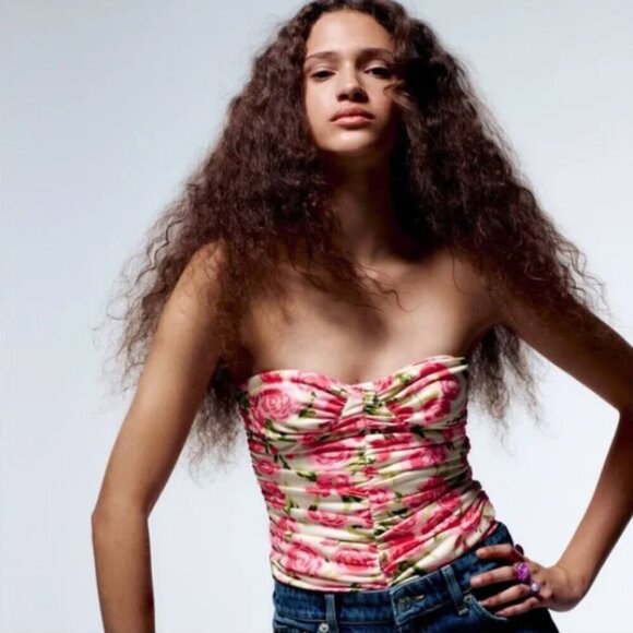 ZARA | Ruched Floral Strapless Bustier Bodysuit | Sz. XS - Picture 1 of 8